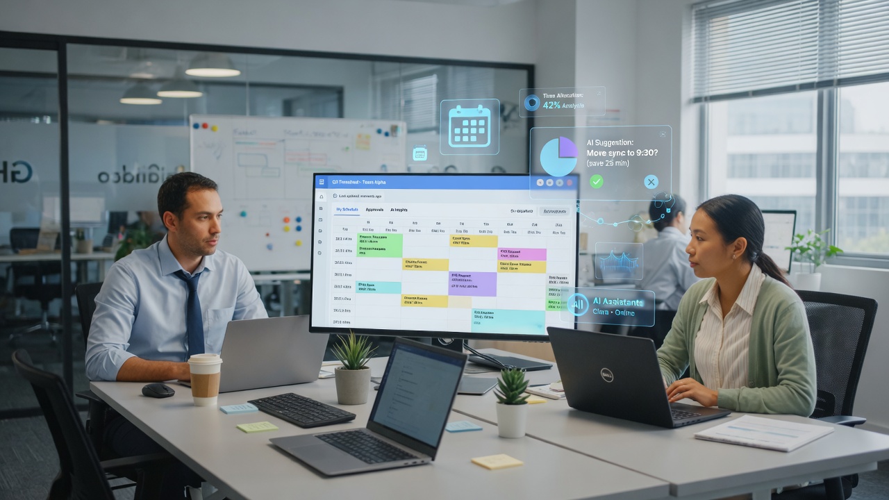 Dos personas en oficina revisando horarios digitales en portátil, estilo fotorealista