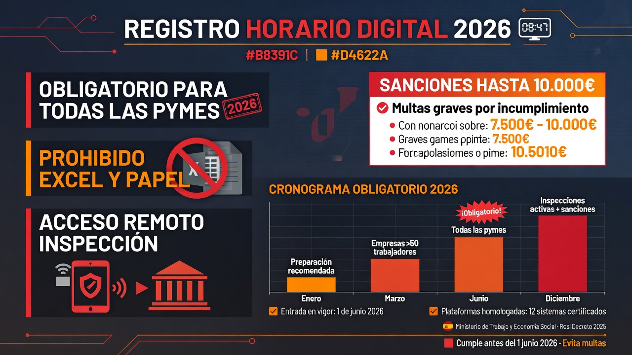 Infografía: Registro horario digital 2026, obligatorio para todas las pymes, sanciones hasta 10.000€, sistemas válidos vs prohibidos