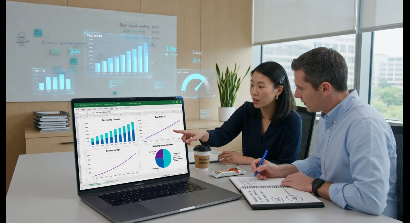 Hombre y mujer revisando gráficos de ROI y cálculos financieros en un portátil en una oficina moderna