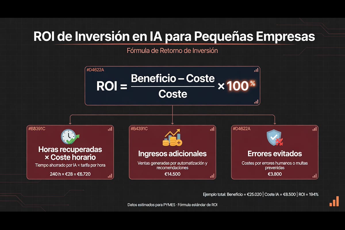 Infografía: fórmula del ROI de IA con tres componentes de beneficio (horas recuperadas, ingresos adicionales, errores evitados) y desglose de costes totales (setup, licencias, formación, mantenimiento, coste del cambio)