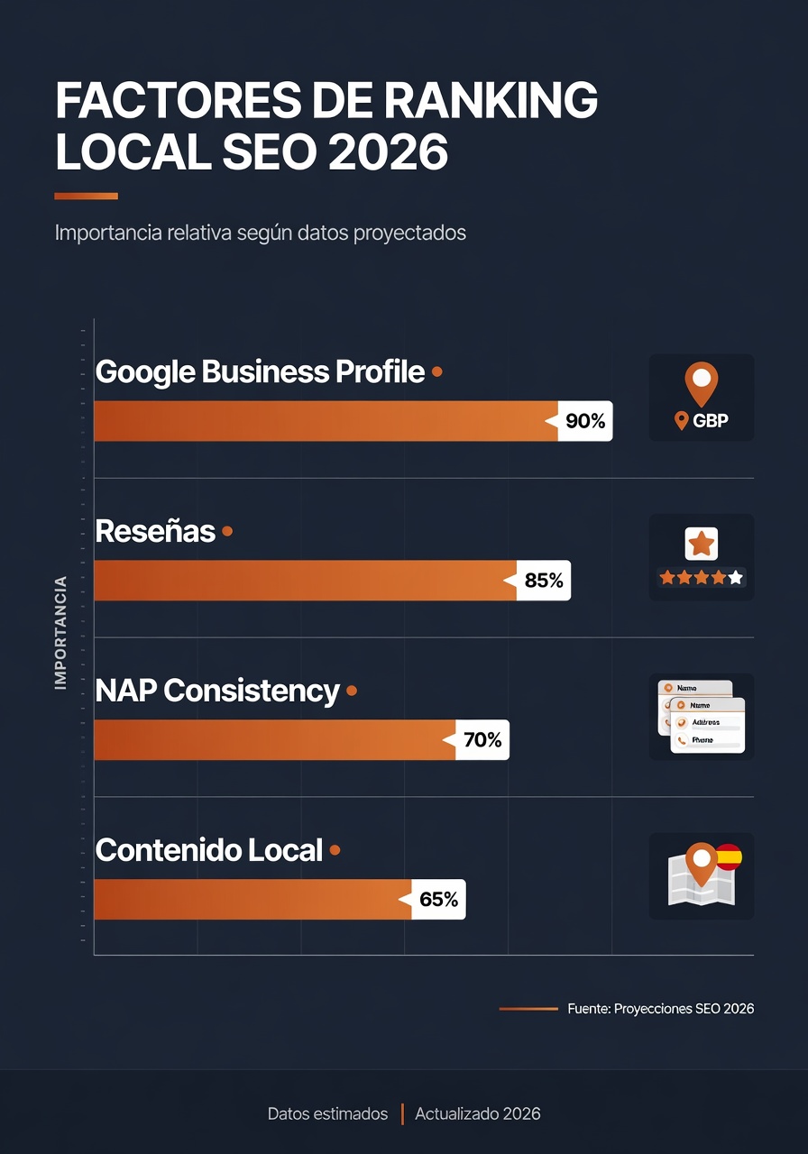 Infografía: factores de ranking SEO local 2026 - Google Business Profile, reseñas, consistencia NAP y contenido local