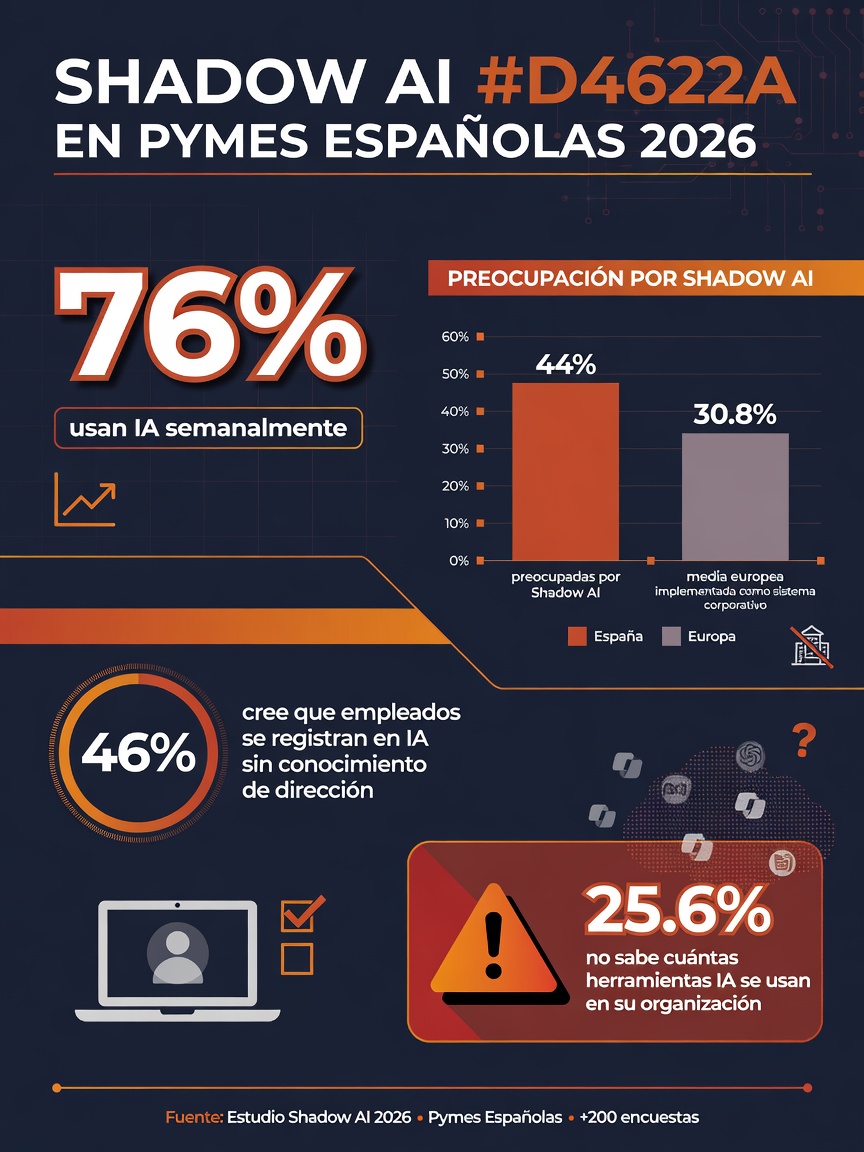 Infografía con datos: 76% de pymes usa IA semanalmente vs 8% con sistema corporativo. 44% ve la Shadow IA como riesgo, 13 puntos por encima de la media europea.