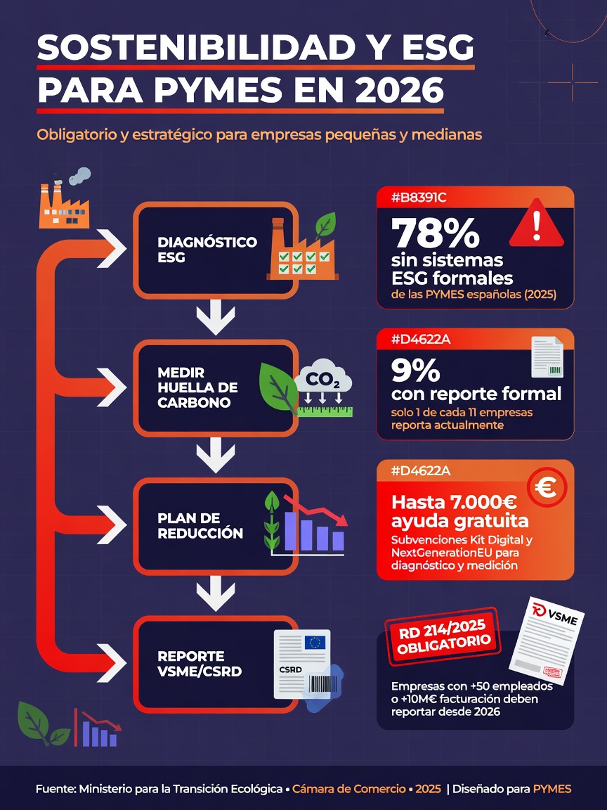 Infographic: Sustainability and ESG for SMBs in 2026. Flow: ESG Diagnostic → Measure Carbon Footprint → Reduction Plan → VSME/CSRD Report. Key data: 78% no ESG systems, 9% formal reporting, up to €7,000 free grant, RD 214/2025 mandatory.